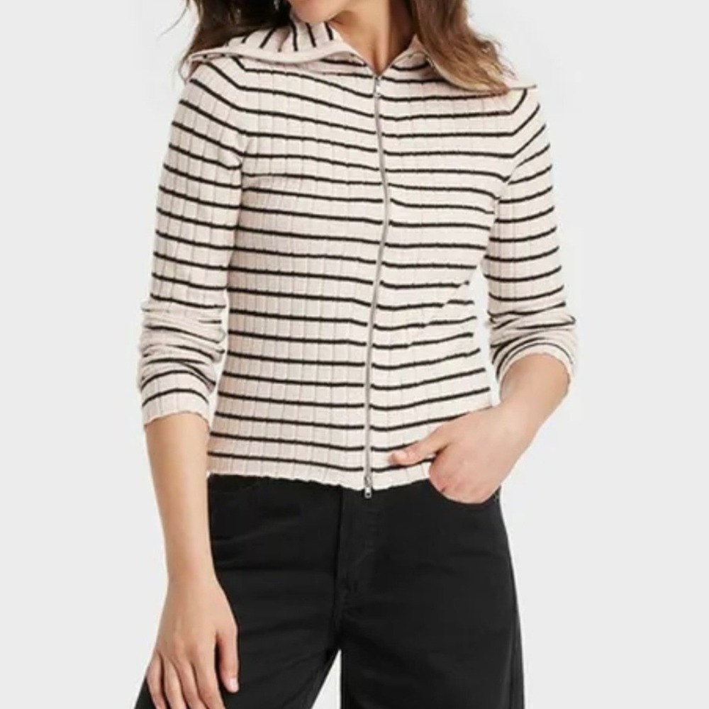 Universal Thread NWT Ivory & Black Striped Full Zip Sweater w/Wide Collar, XL